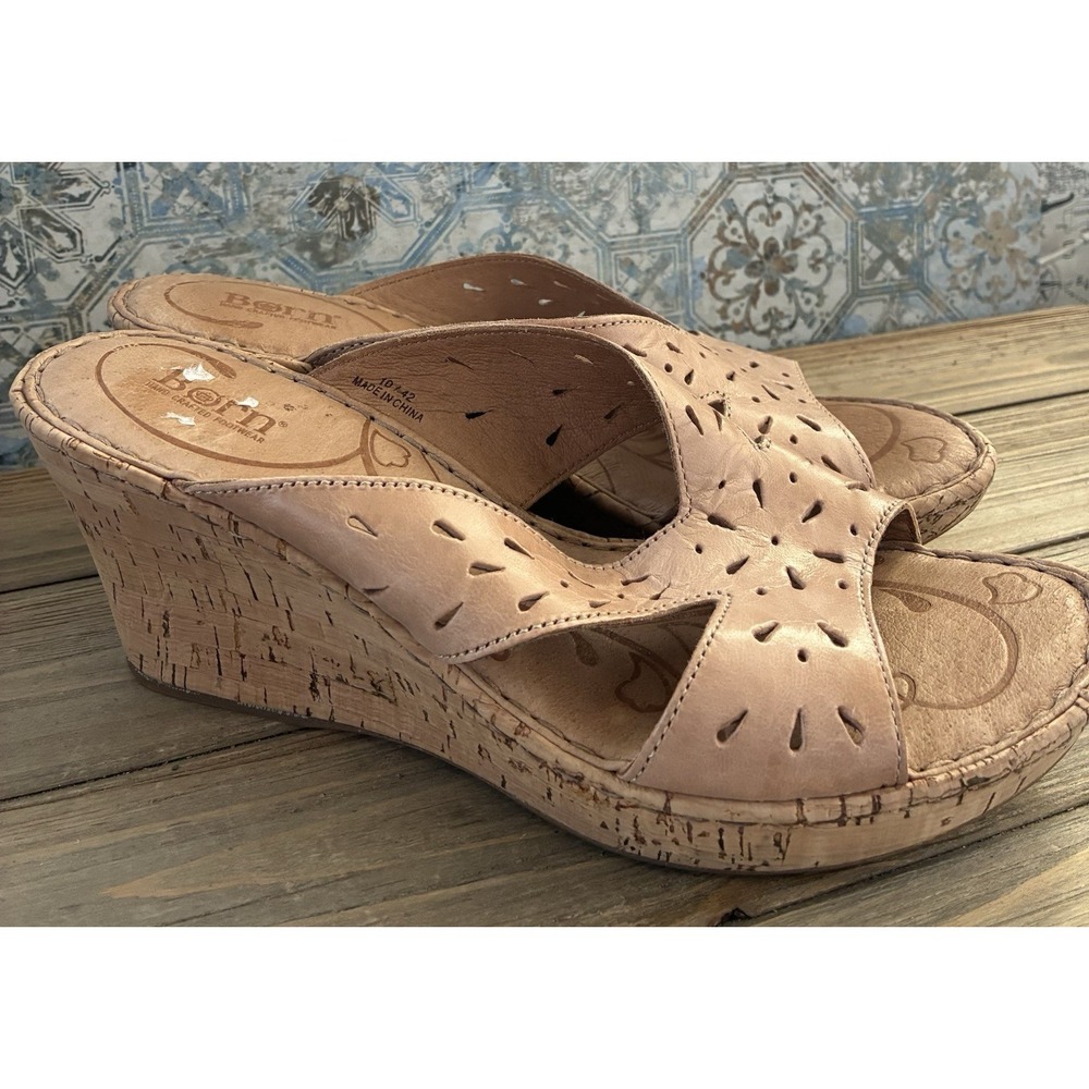 Born Velho Wedge Beige Leather Slip On Sandals Slides Size 10 M‎